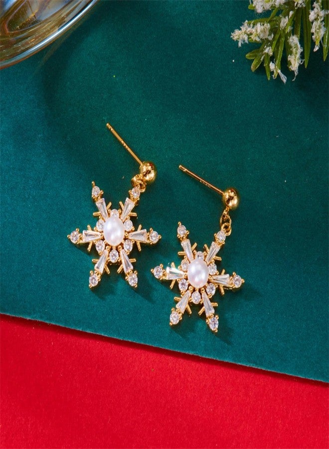 WCRAZYE Snowflake Earrings for Women Elegant Rhinestone Winter Pearl Snowflake Flower Christmas Earrings Christmas Holiday Jewelry (CZ Gold) - Image 5